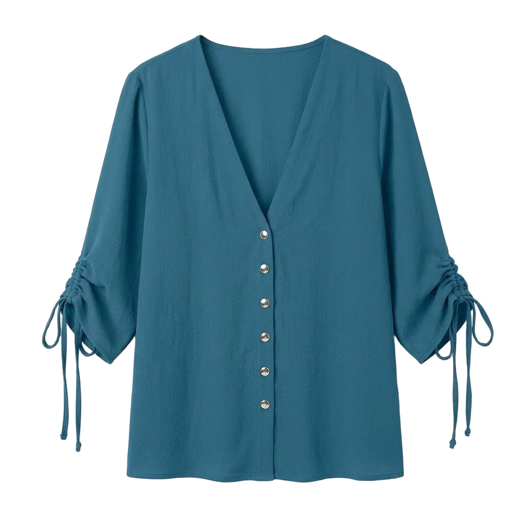Teal Drawstring V-Neck Blouse