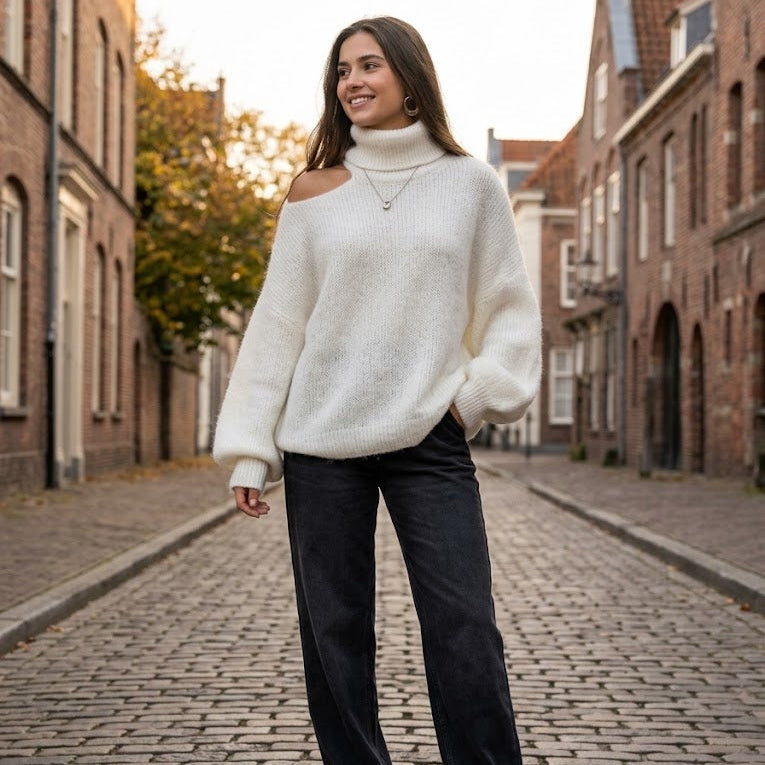 Cut-Out High-Neck Knit Sweater