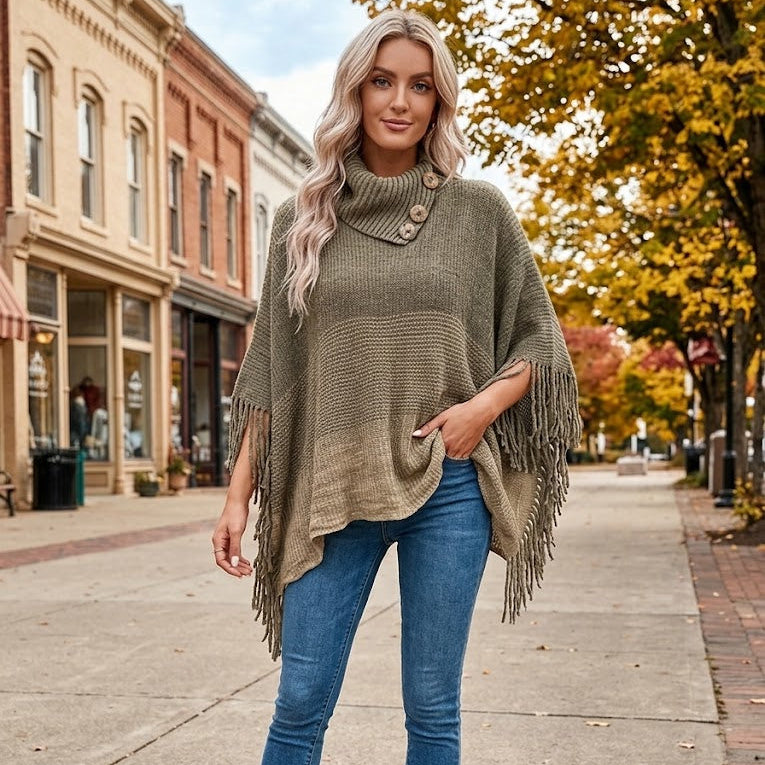 Boho Fringe Turtleneck Poncho-Sweater