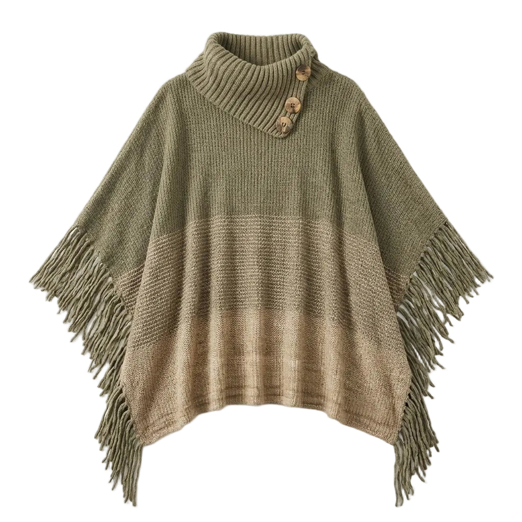 Boho Fringe Turtleneck Poncho-Sweater