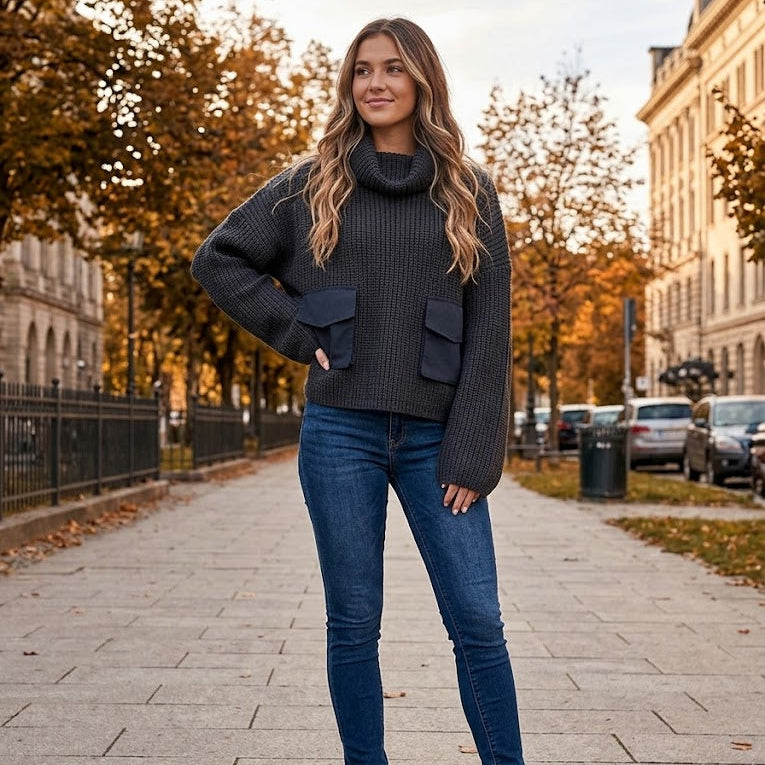 'Cargo Pocket' Chunky Rollkragenpullover