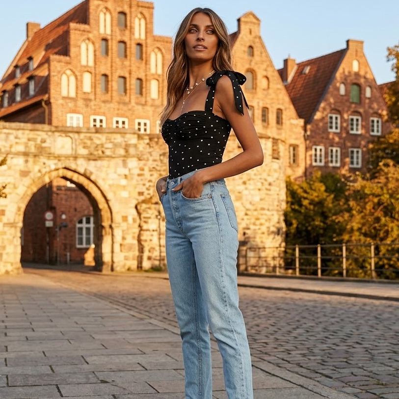 Polka Dot Tie-Shoulder Corset Top