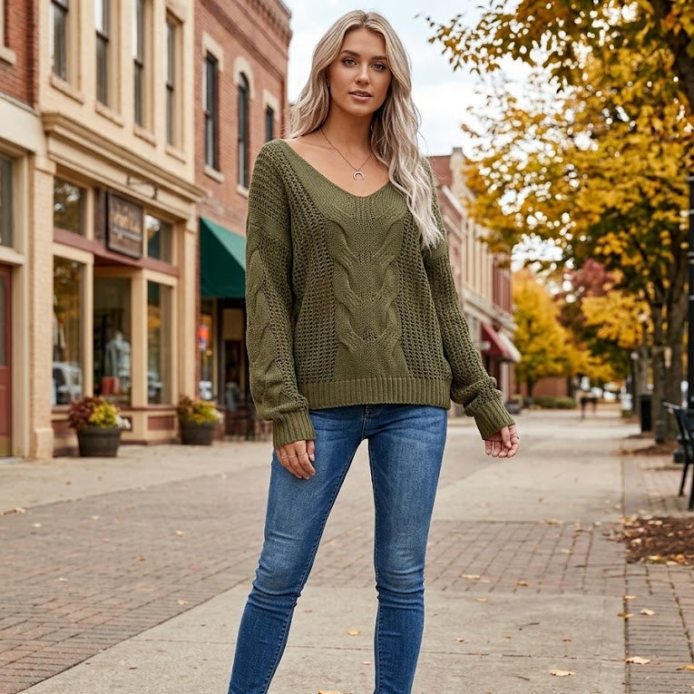 V-Neck Textured Knit Sweater