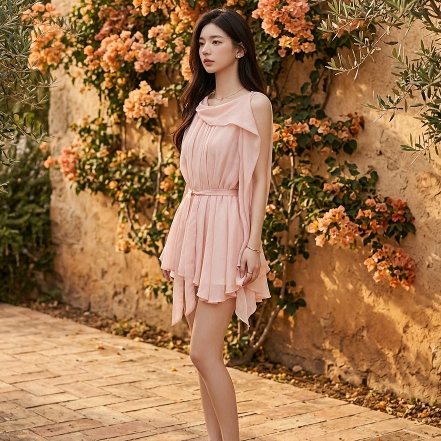 Asymmetric Layered Chiffon Mini Dress