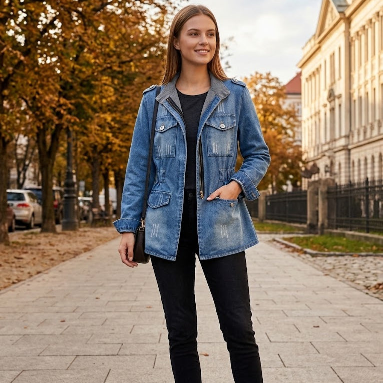 Authentische DISTRESSED Denim Utility-Jacke