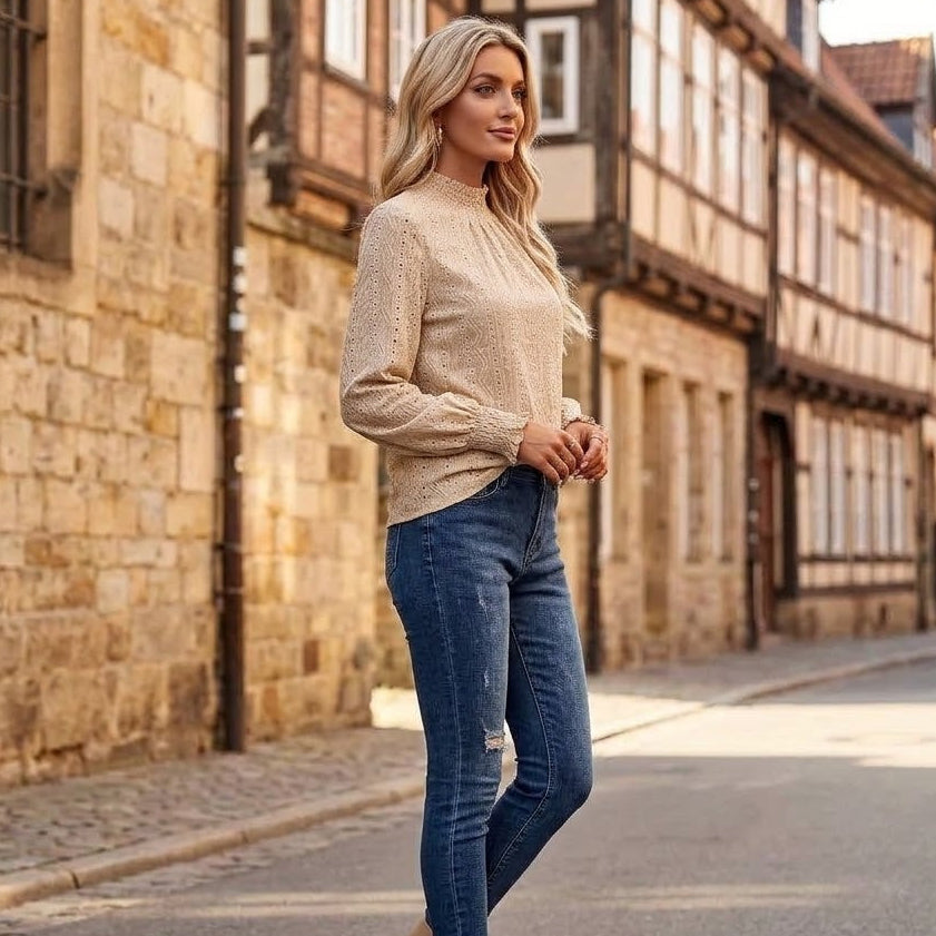 Elegant Stand-Collar Hollow-Out Blouse
