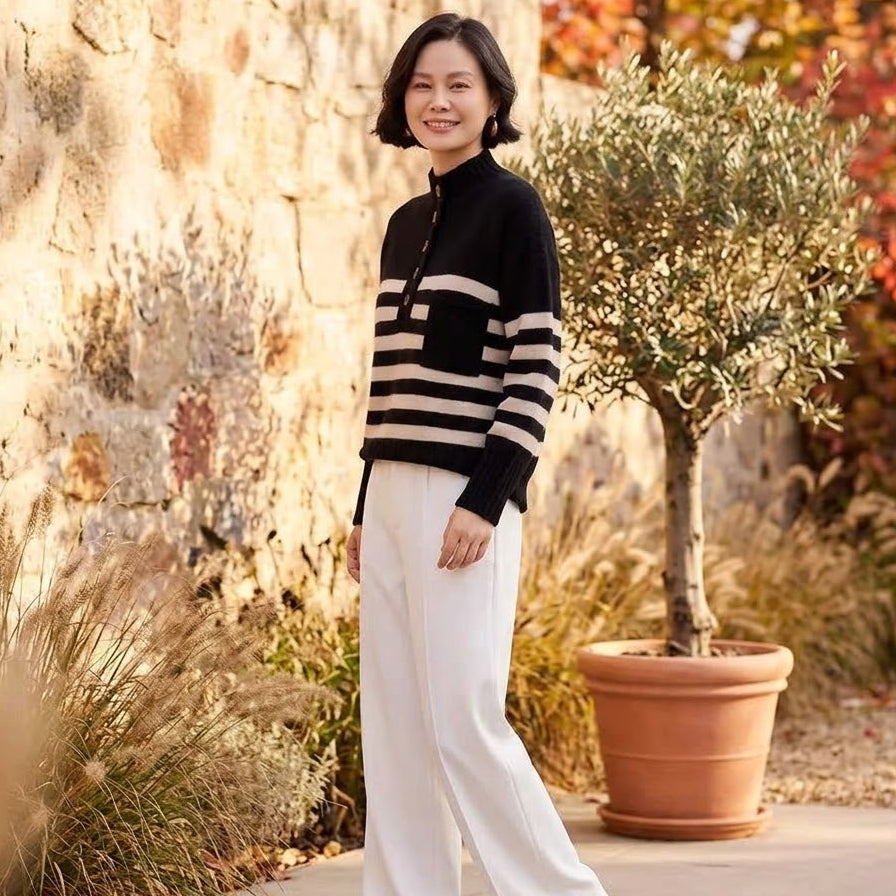 Striped Cashmere Mock-Neck Pullover
