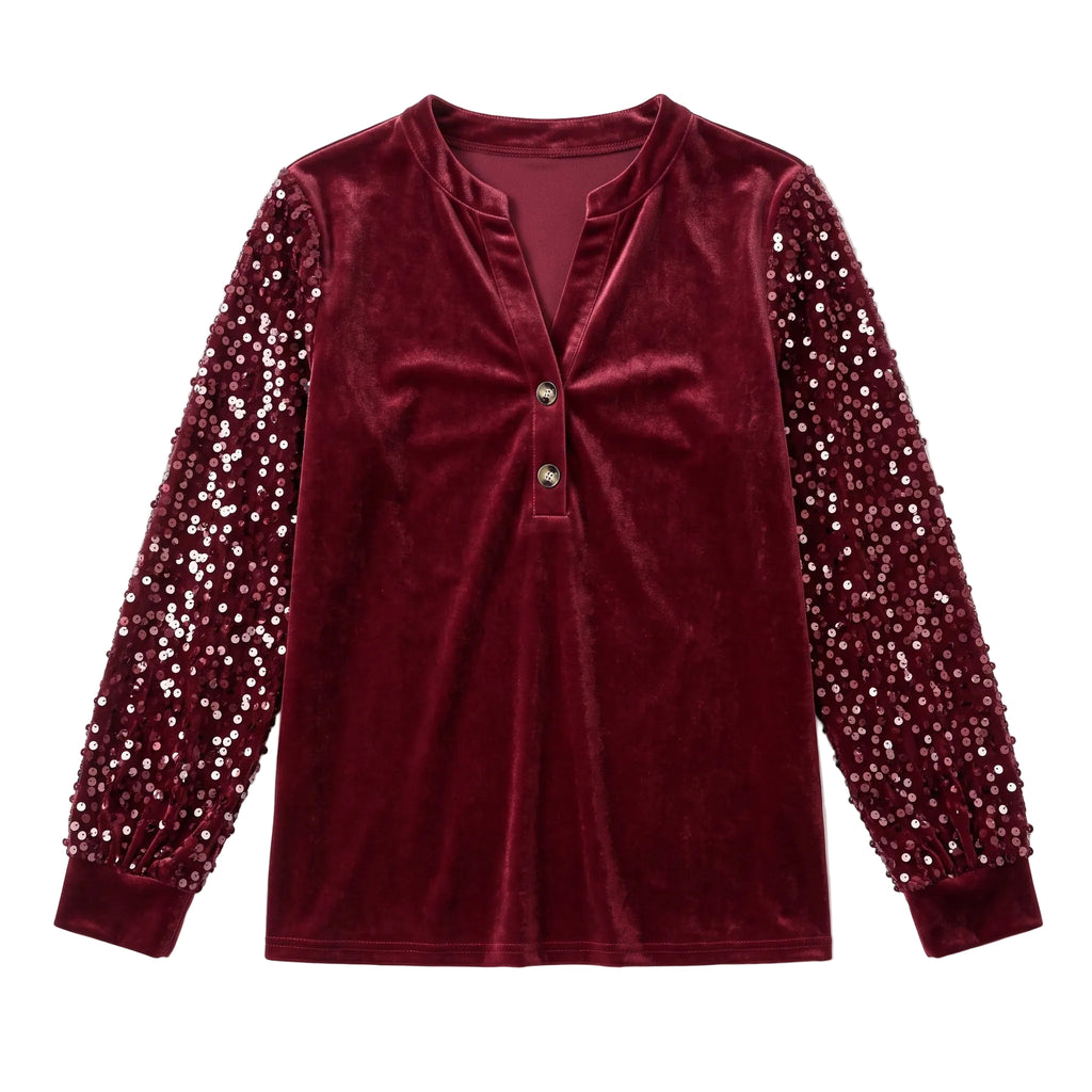 Burgundy Sequin Sleeve Velvet Blouse