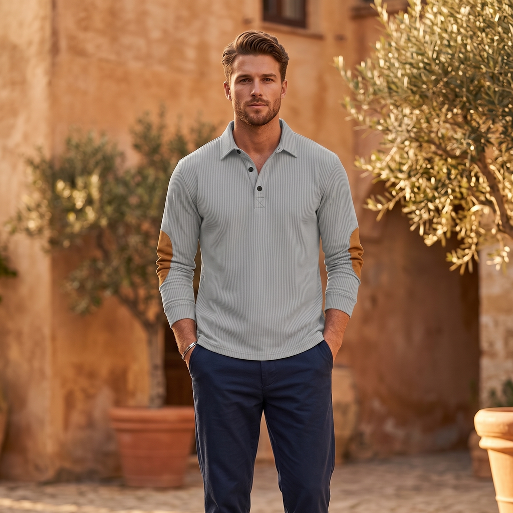 Classic Elbow Patch Ribbed Polo Shirt