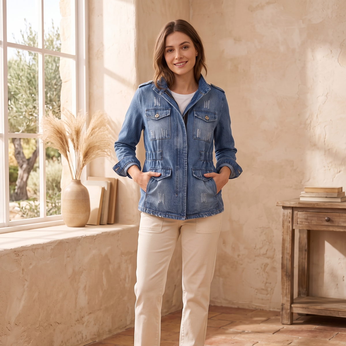 Authentische DISTRESSED Denim Utility-Jacke