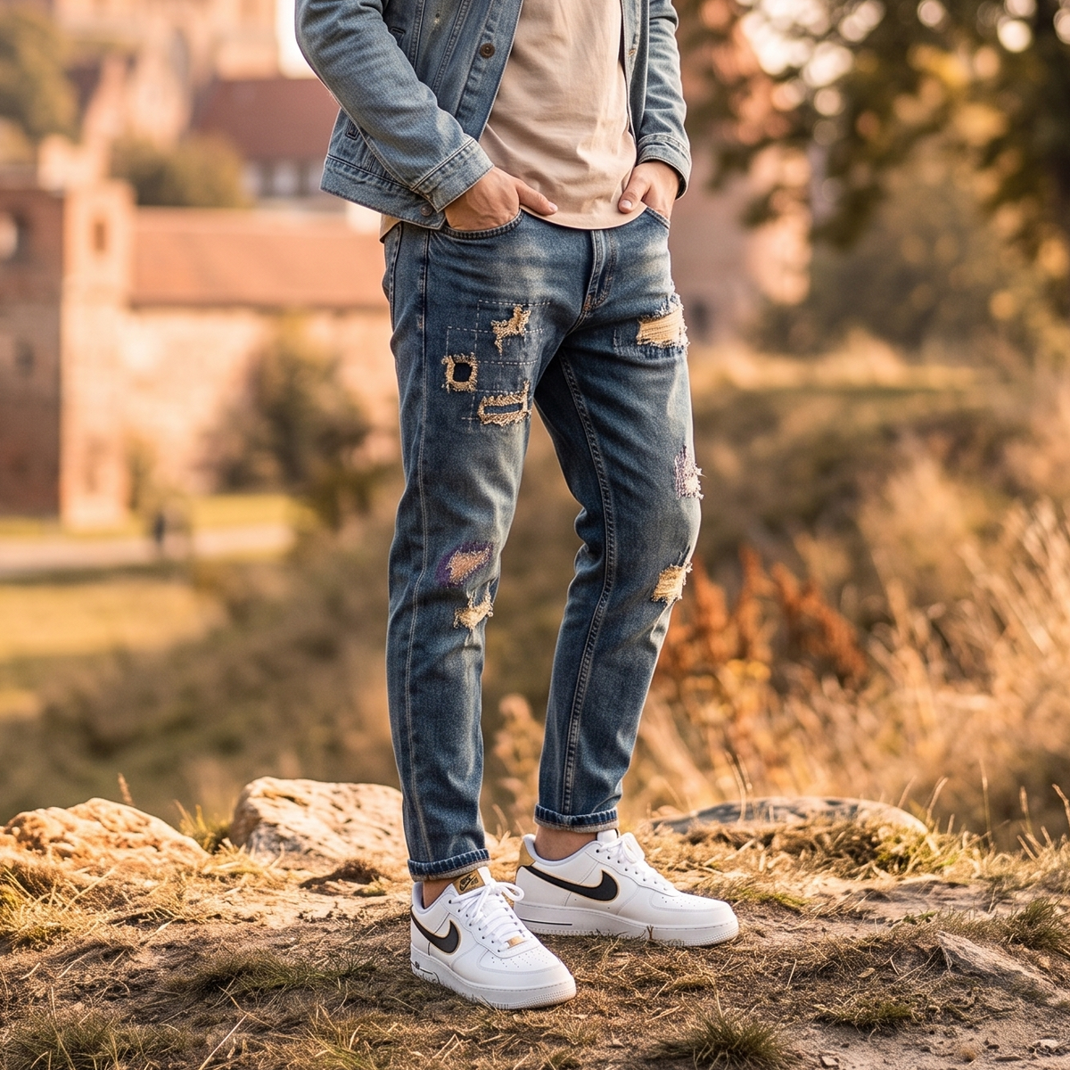 Destroyed Patchwork Denim Jeans