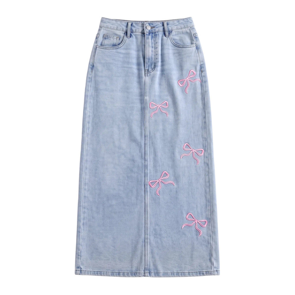 Pink Bow Denim Maxi Skirt