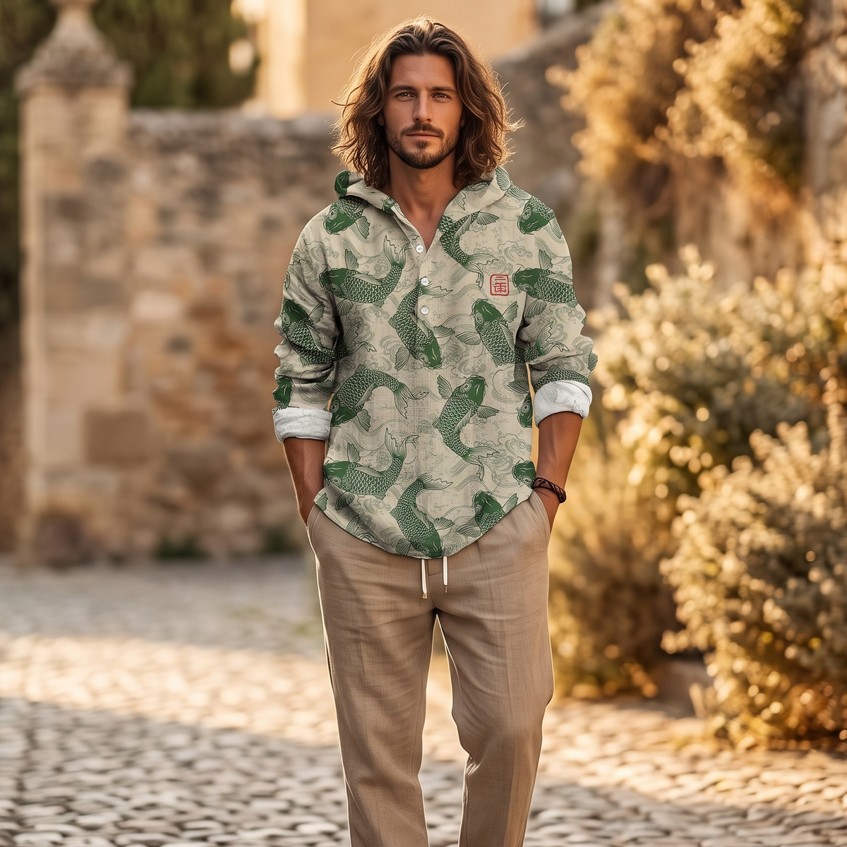 Koi Pattern Linen-Look Hoodie