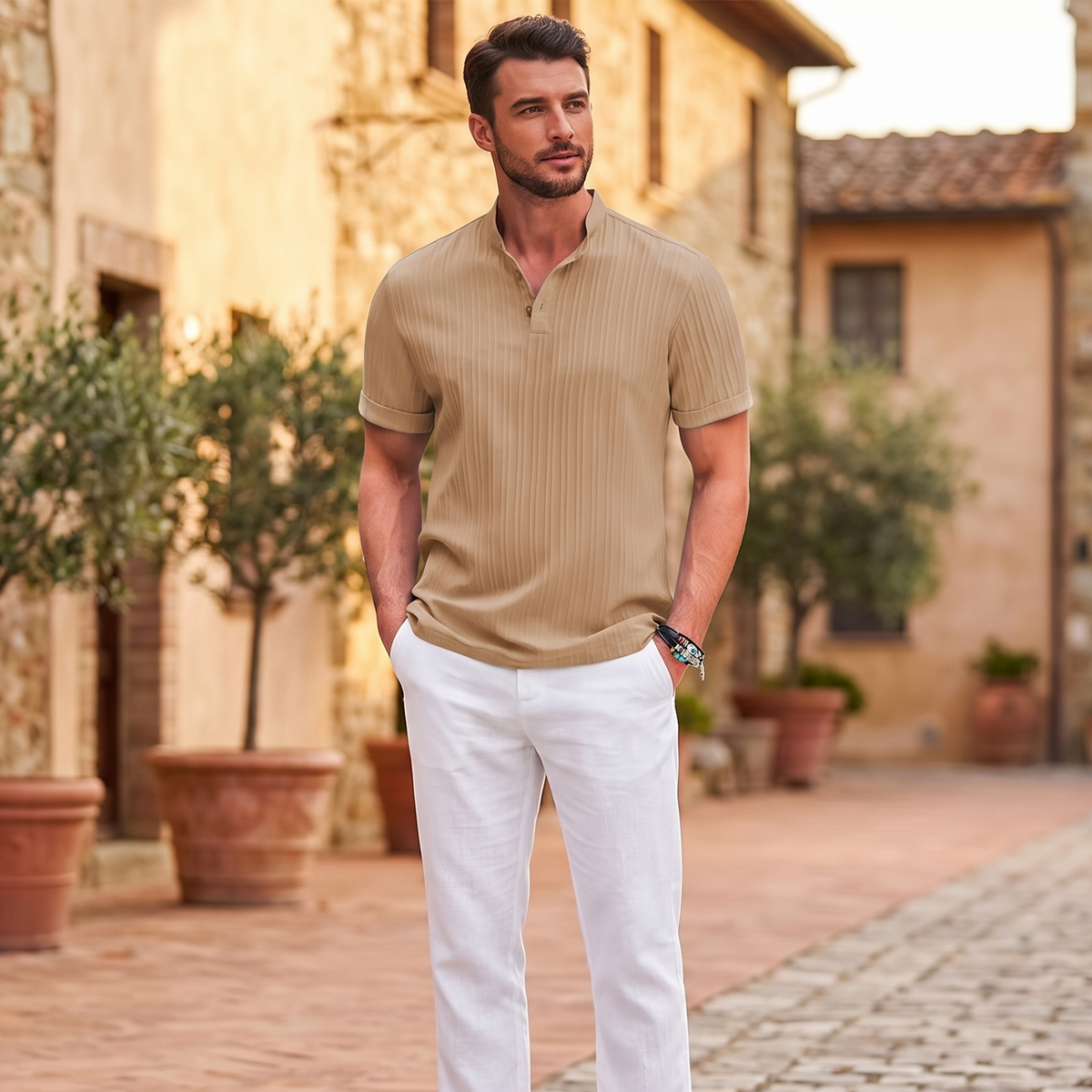 Casual Vertically Textured Henley Shirt