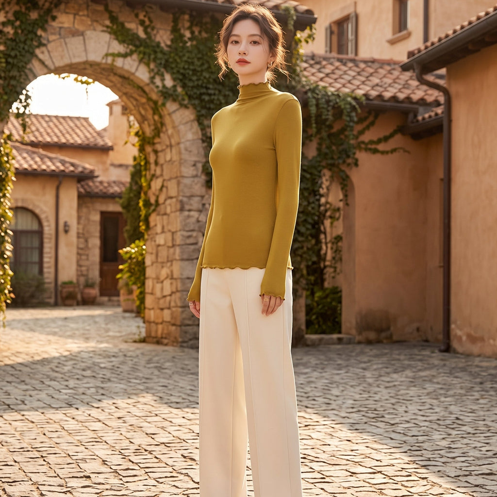 Mustard Ruffled High-Neck Longsleeve