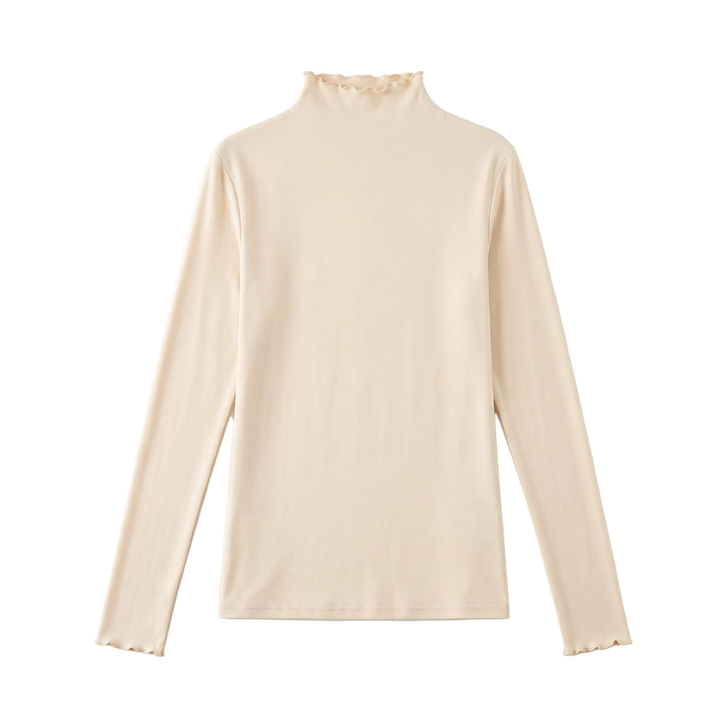 Beige Ruffled High-Neck Longsleeve
