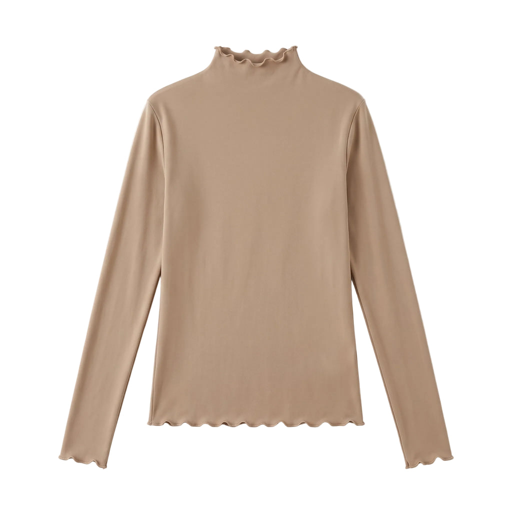 Beige Ruffled High-Neck Longsleeve