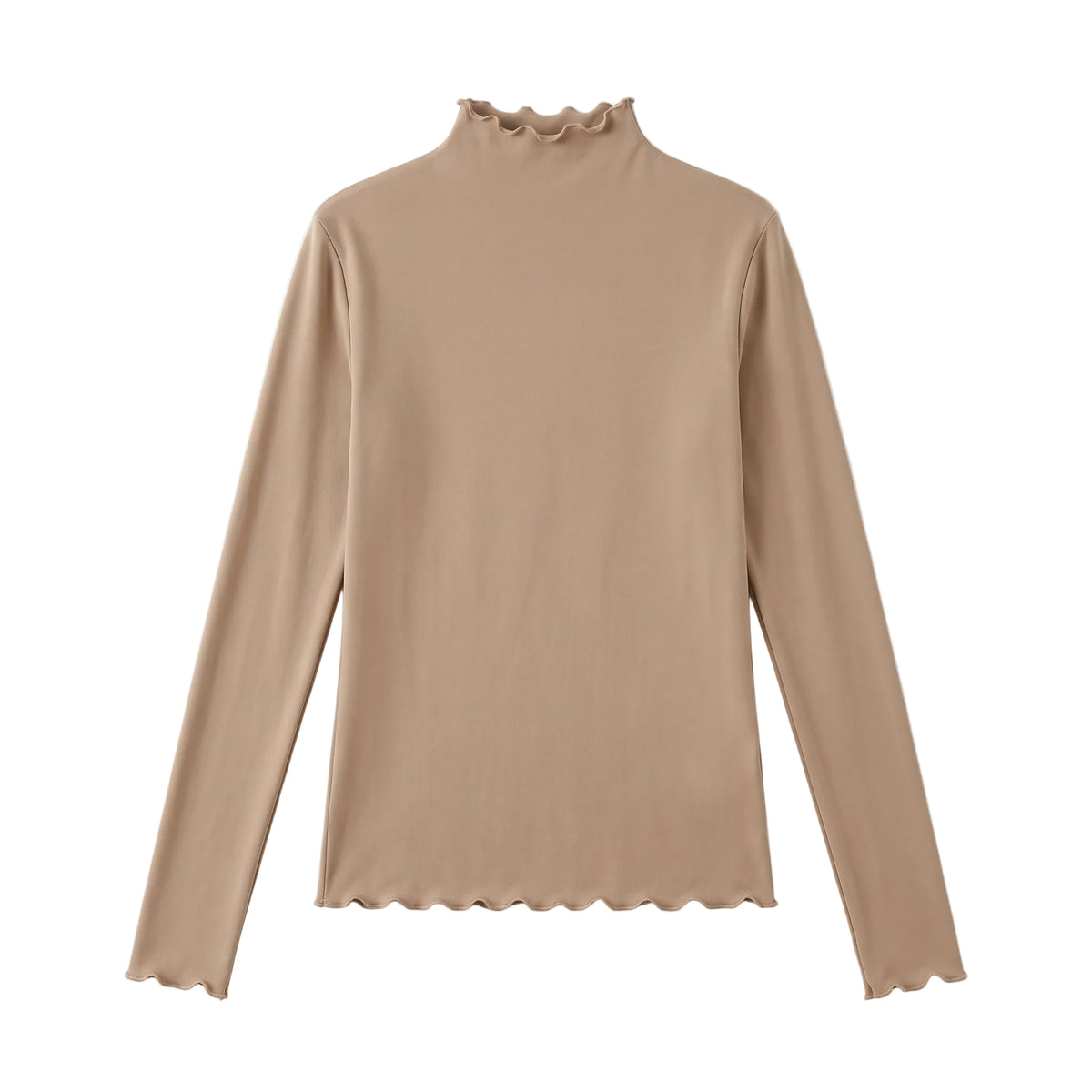 Beige Ruffled High-Neck Longsleeve