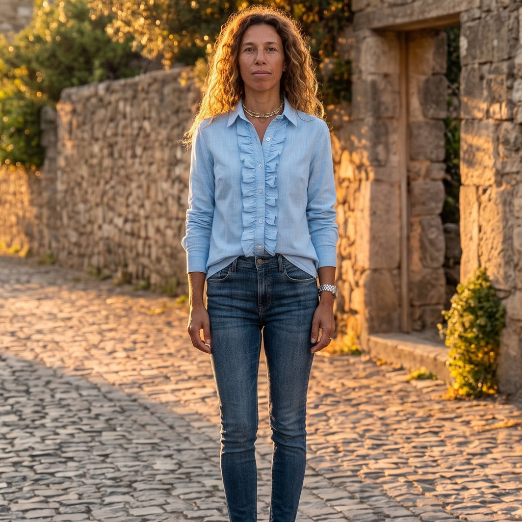 Sky Blue Ruffled Button-Down Blouse