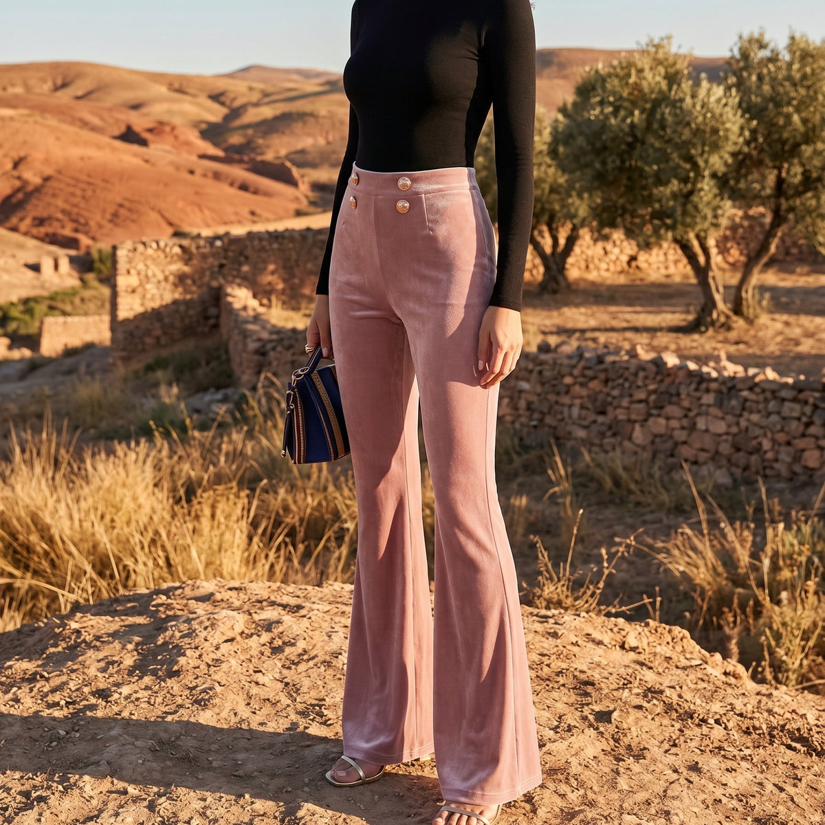 Elara High-Waisted Velvet Flare Pants