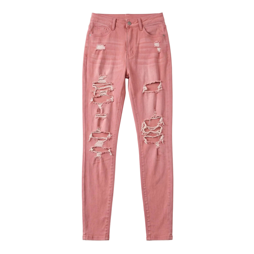 Pink Distressed High-Waist Skinny Jeans