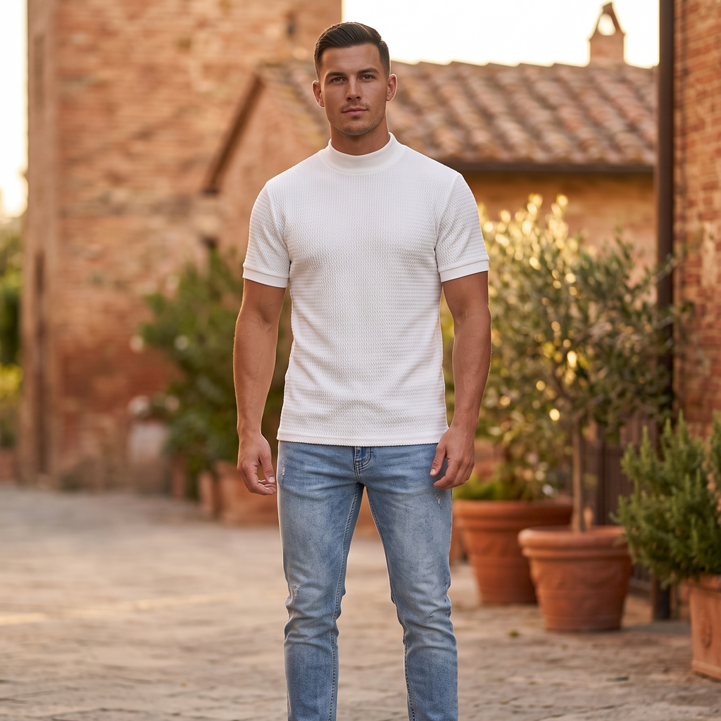 Textured Mock-Neck T-Shirt