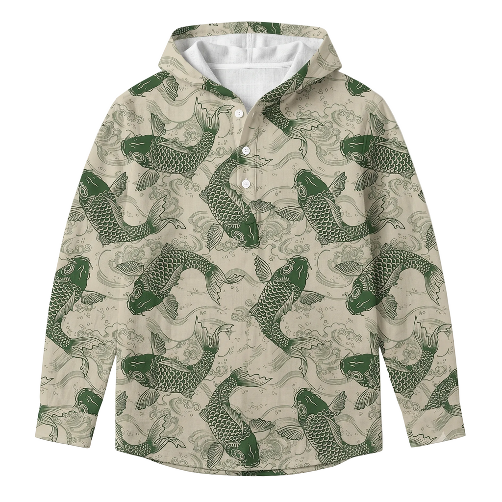 Koi Pattern Linen-Look Hoodie