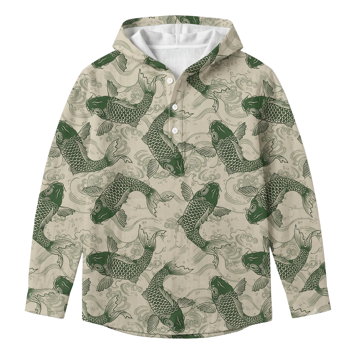 Koi Pattern Linen-Look Hoodie