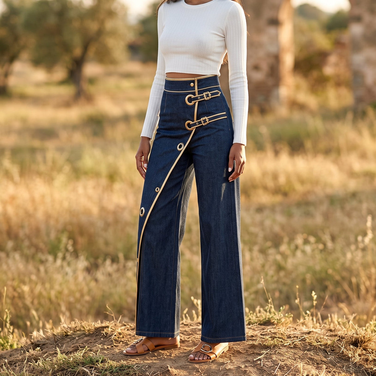 Aurelia Gold-Trimmed Statement Denim