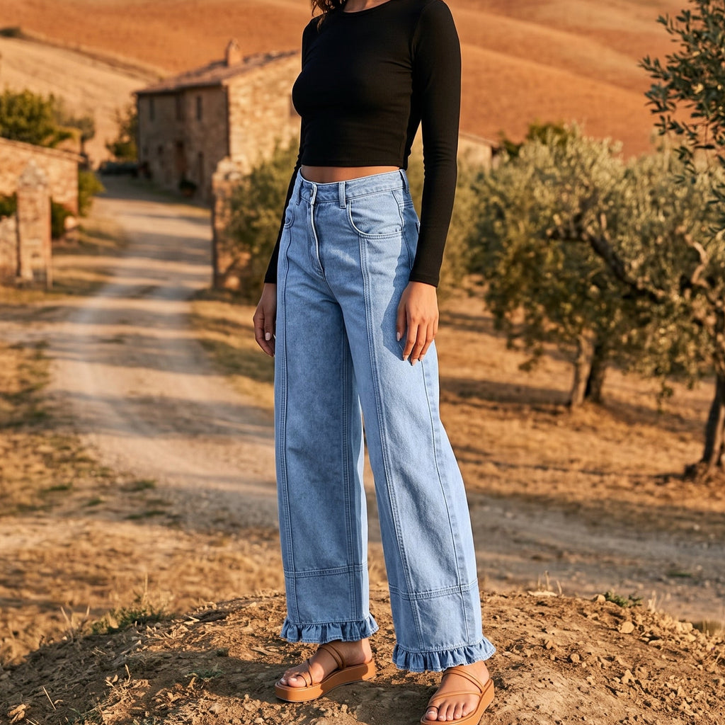 Aria Ruffle-Hem Straight Denim Jeans