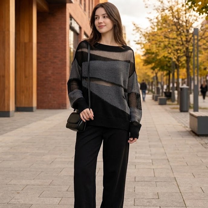 Mesh Stripe Sheer Oversized Knit Sweater