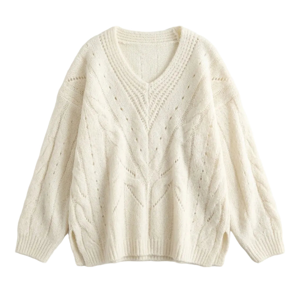 Ivory Cables Oversized V-Neck Sweater