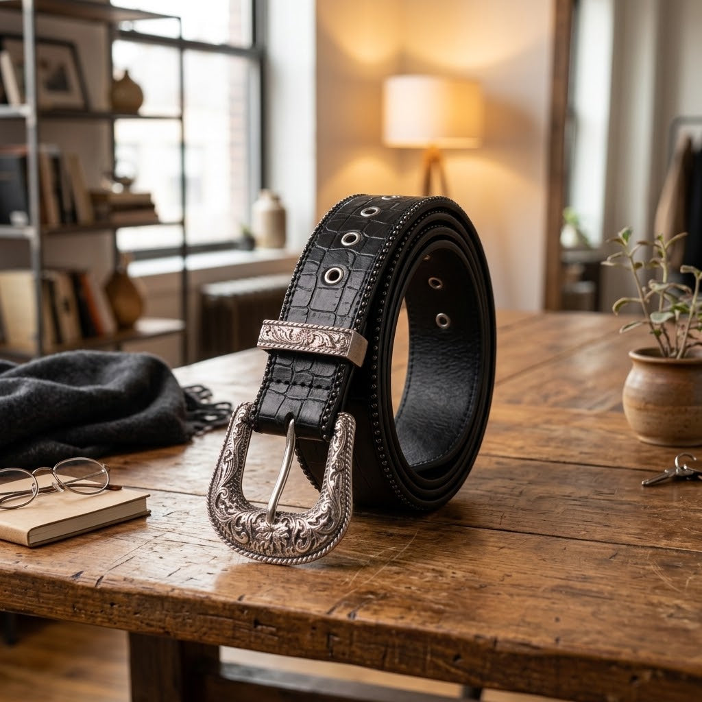 WILD CROCO WESTERN – Studded Crocodile Relief Belt