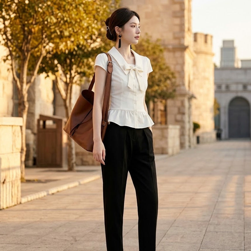Elegant Peplum Blouse with Bow Collar