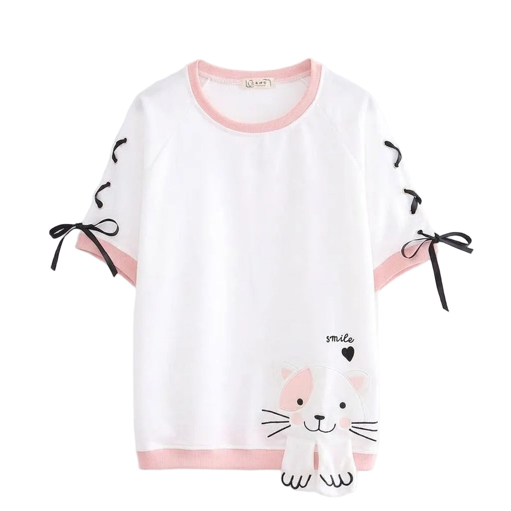 Cute Cat Lace-Up Sleeve T-Shirt