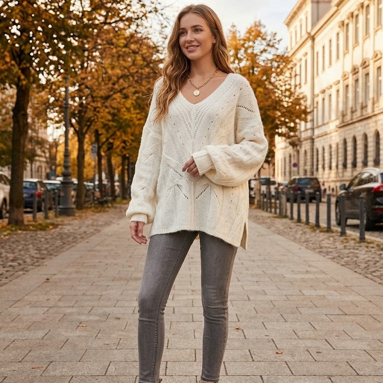 Ivory Cables Oversized V-Neck Sweater
