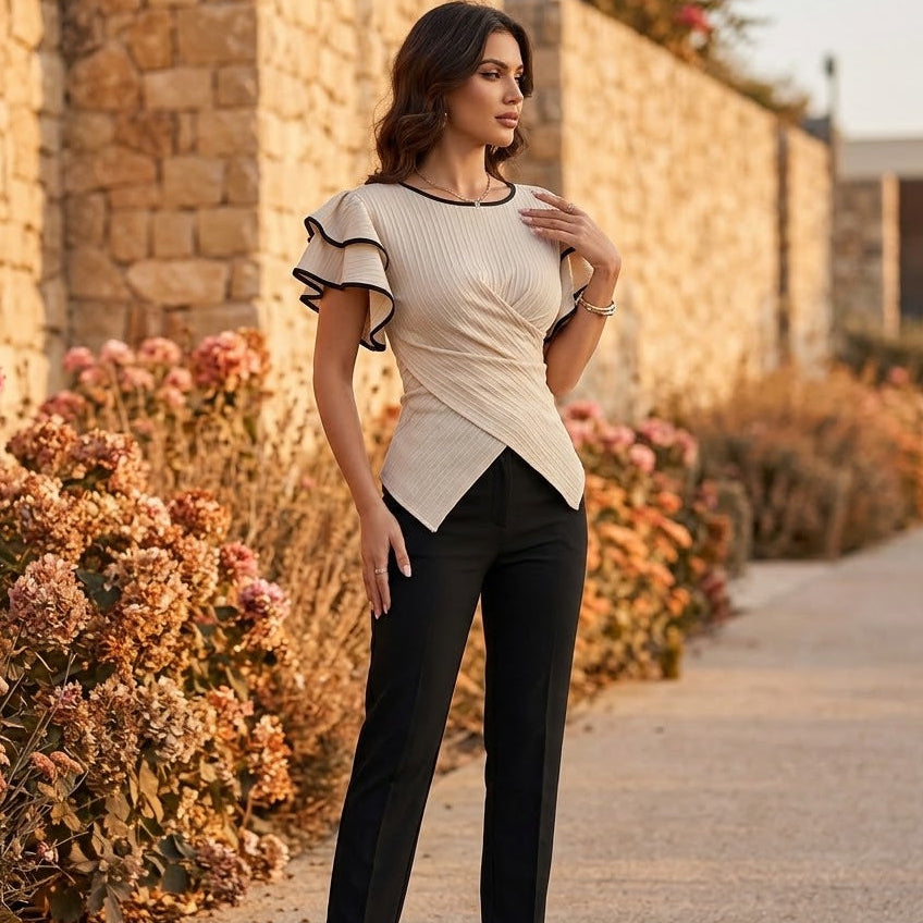 Elegant Color-Block Bell-Sleeve Top