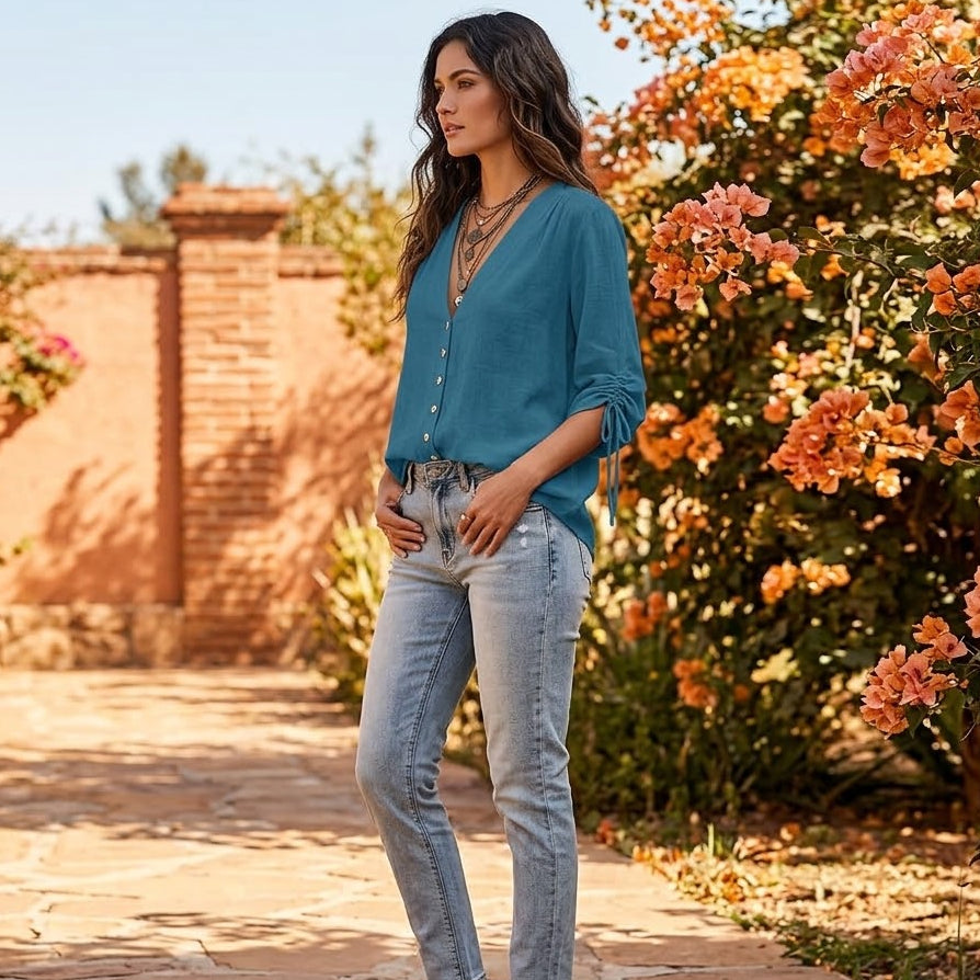 Teal Drawstring V-Neck Blouse