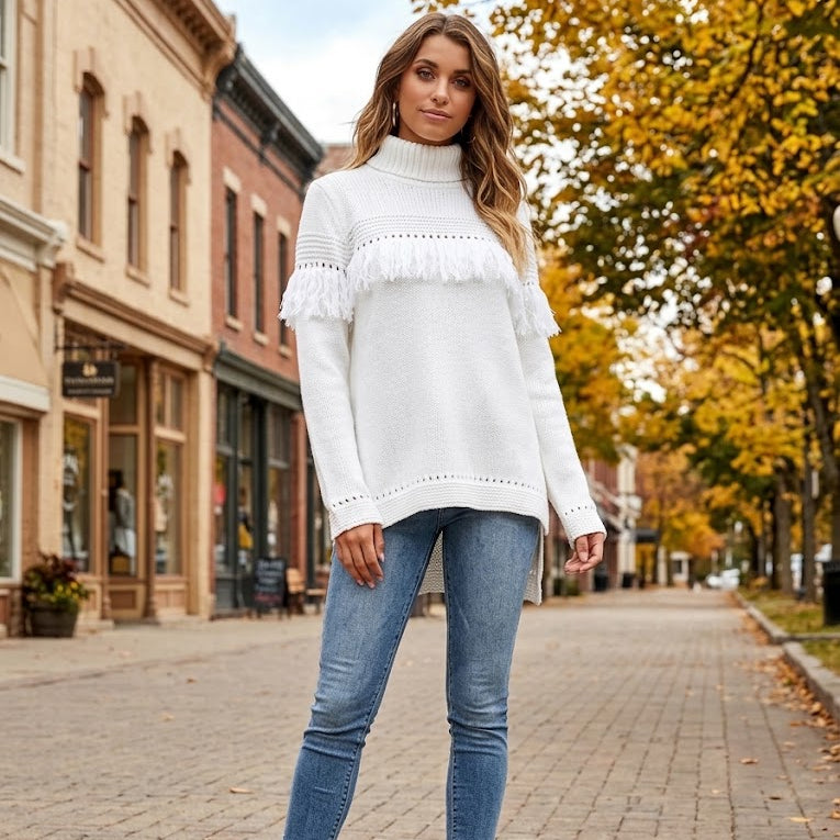 Boho Fringe Turtleneck Sweater